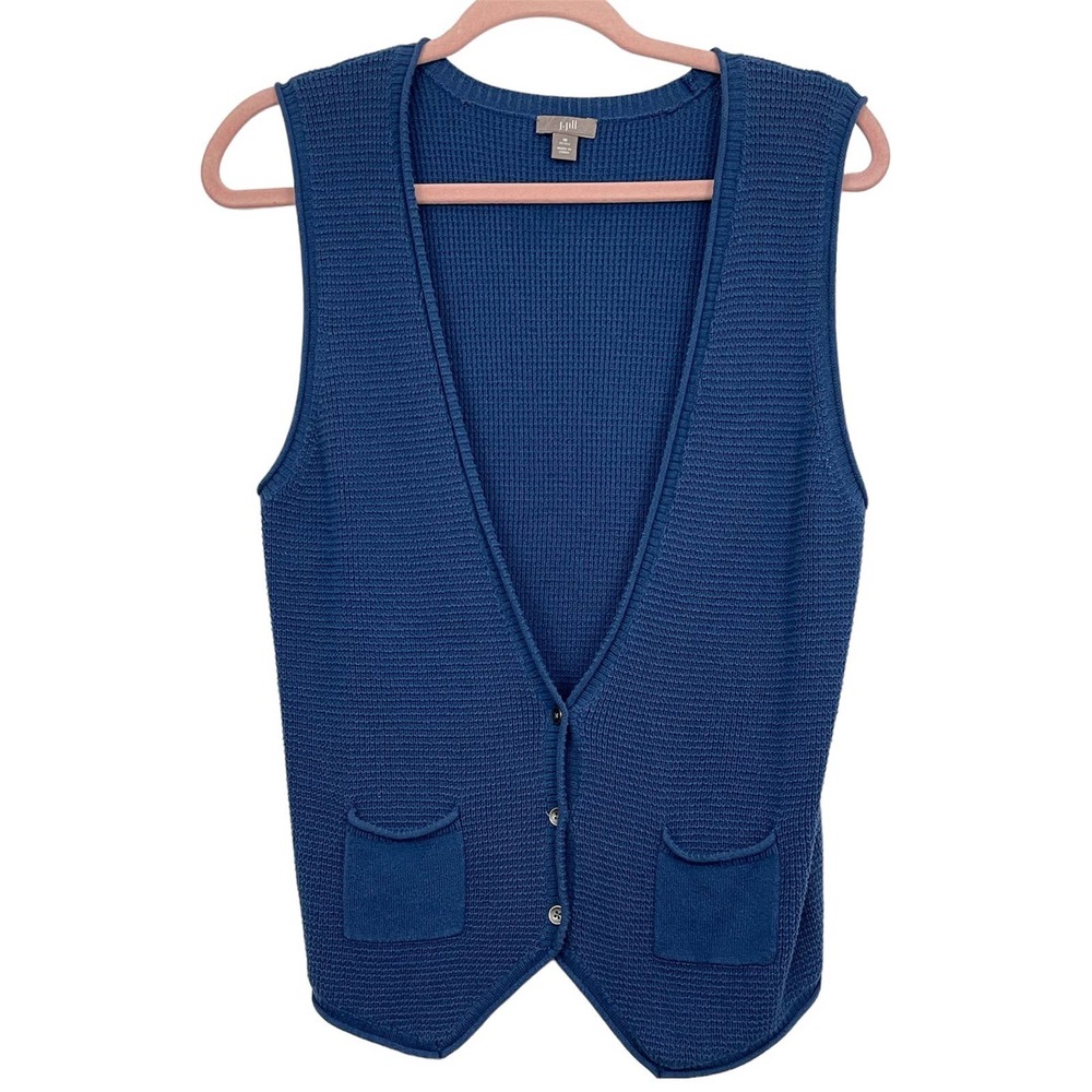 J.Jill Blue Blue Size MP Cotton Waffle Knit Button Down Deep V Neck Vest.
